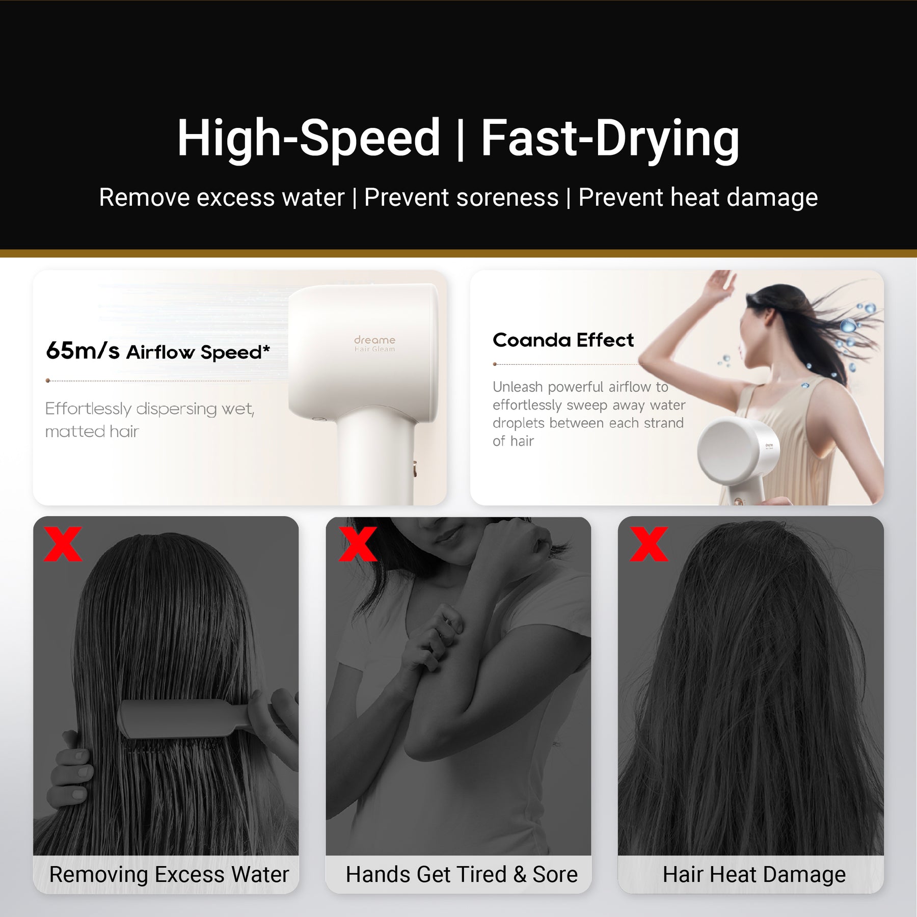 White high-speed hair dryer with smoothing nozzle and airflow speed outlet