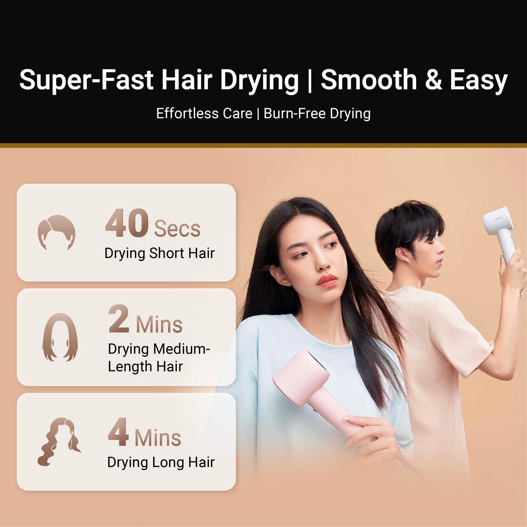 Pink hair dryer with smoothing nozzle in hand, drying short hair