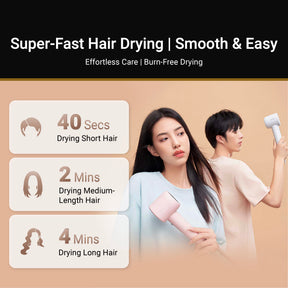 Pink hair dryer with smoothing nozzle in hand, drying short hair
