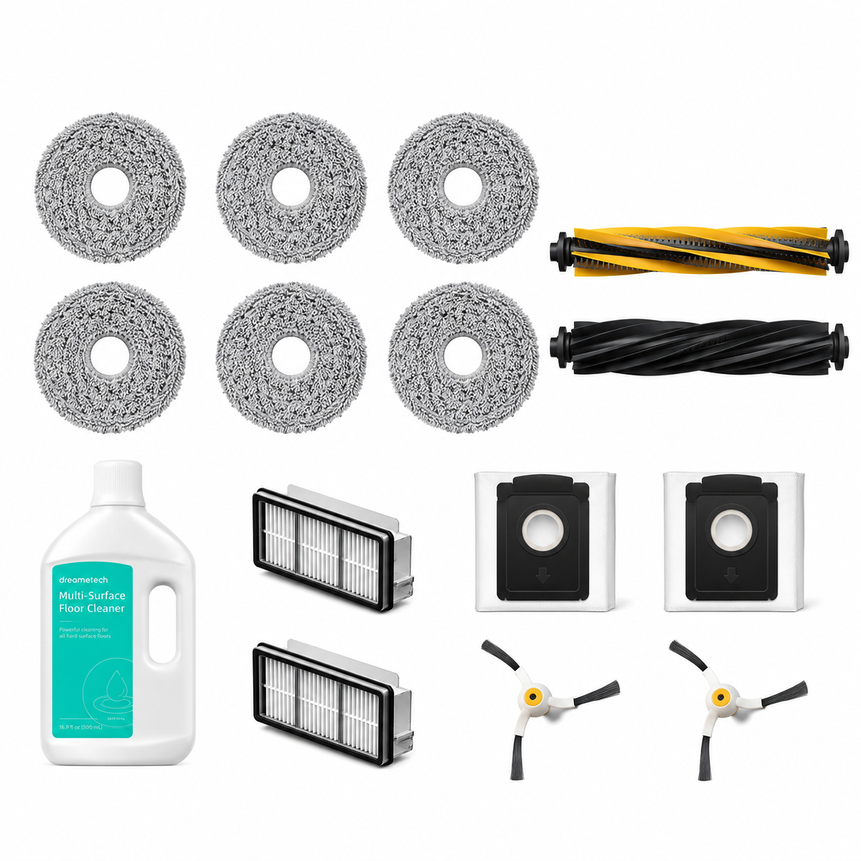 Robot vacuum accessory pack: scrub pads, filters, brushes, and cleaning solution.