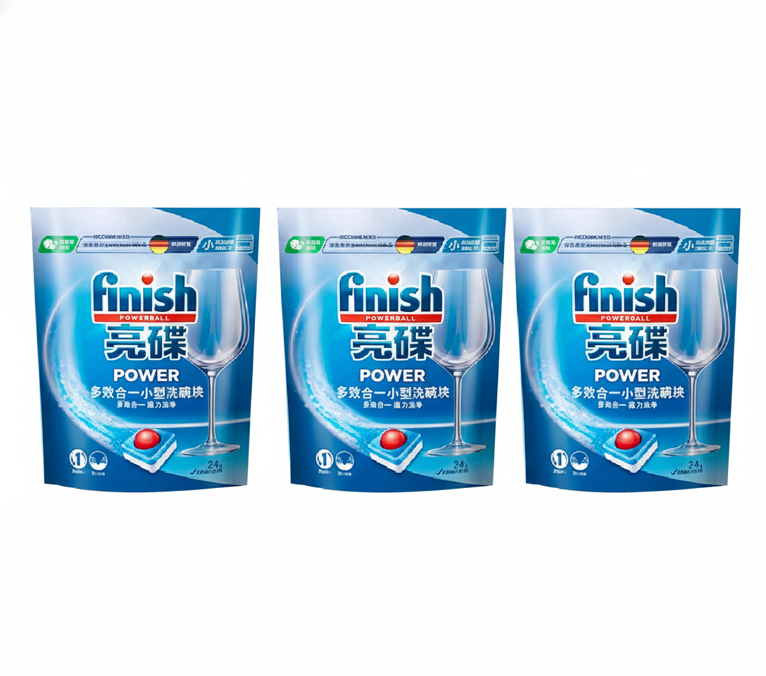 Dishwasher detergent tablet pack, 3 packets, blue pouches
