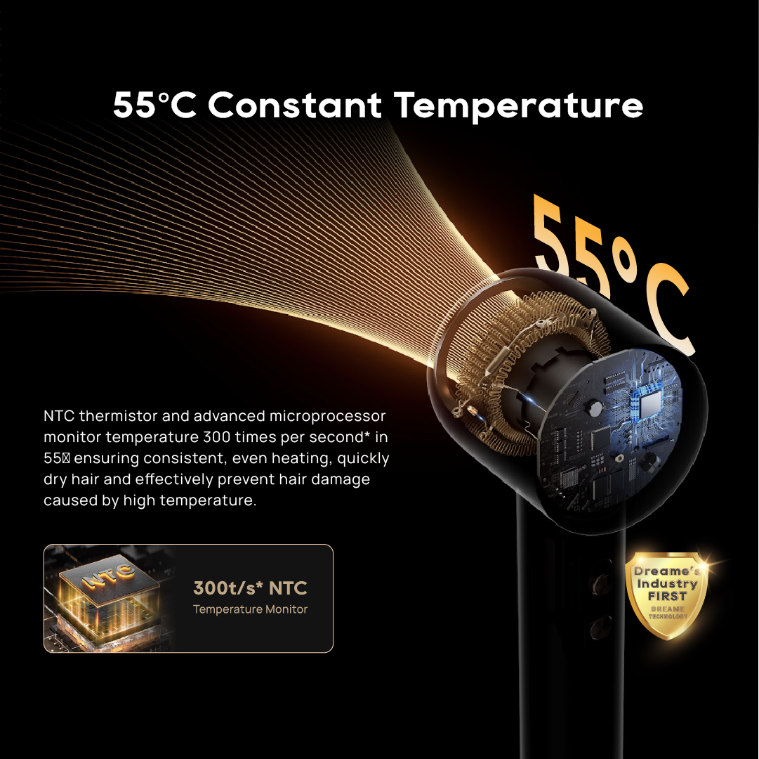 Black hairdryer with 55°C temperature callout and internal temperature sensor graphic