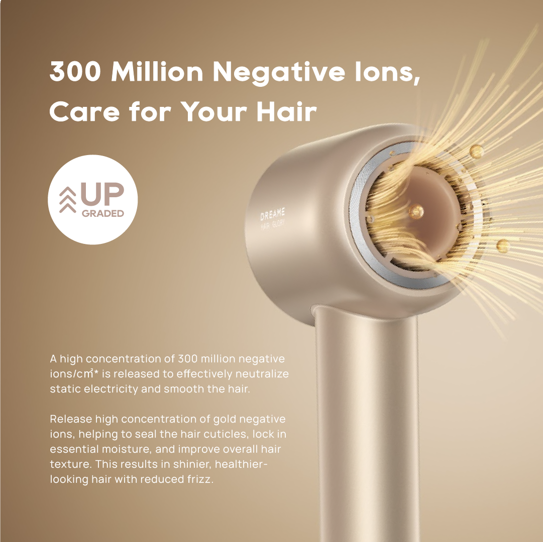 Gold hairdryer with round intake grille and nozzle, shown with airflow rays