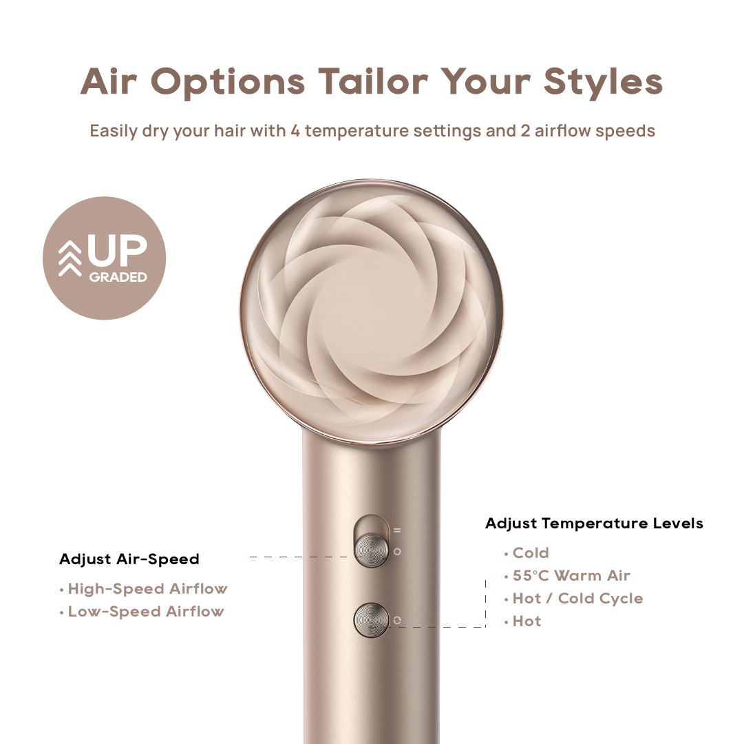 Gold hairdryer with front control dials and circular air outlet nozzle