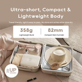 Compact gold hairdryer stored in an open travel case with included accessories