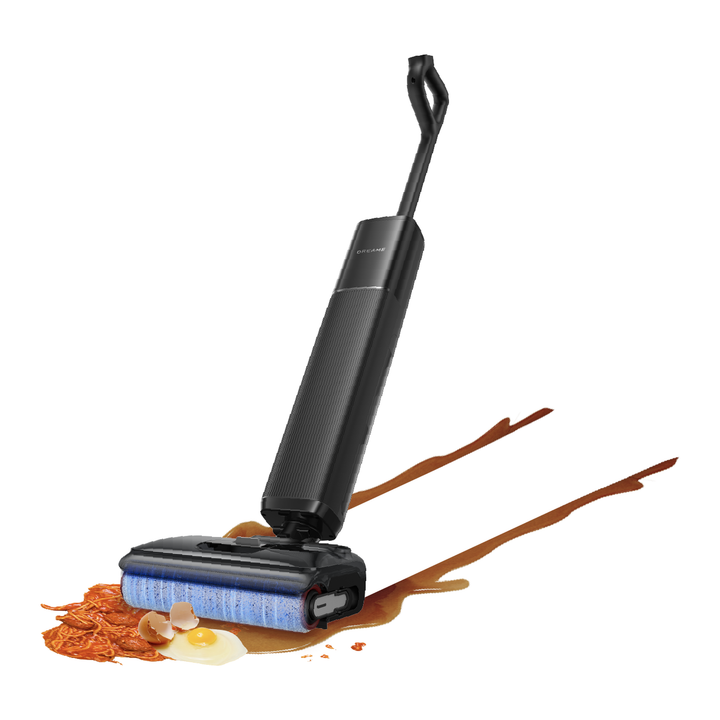 Cordless wet-dry stick vacuum with blue mop pad and debris pickup head