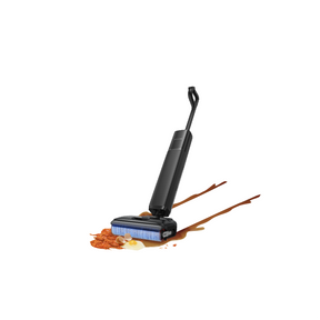 Cordless wet/dry vacuum with dark handle and floor nozzle, upright on floor