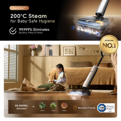 Wet & dry cordless vacuum cleaner with clear tank and steam-ready floor brush head