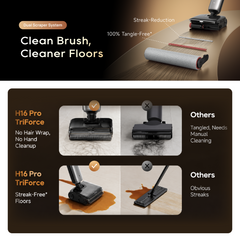 Floor nozzle for wet & dry vacuum cleaner with dual scrapers and anti-tangle rollers