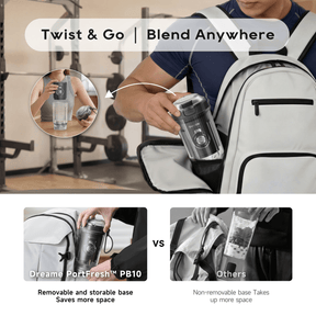 Portable blender bottle with carry handle and twist-lock lid, gray and silver.