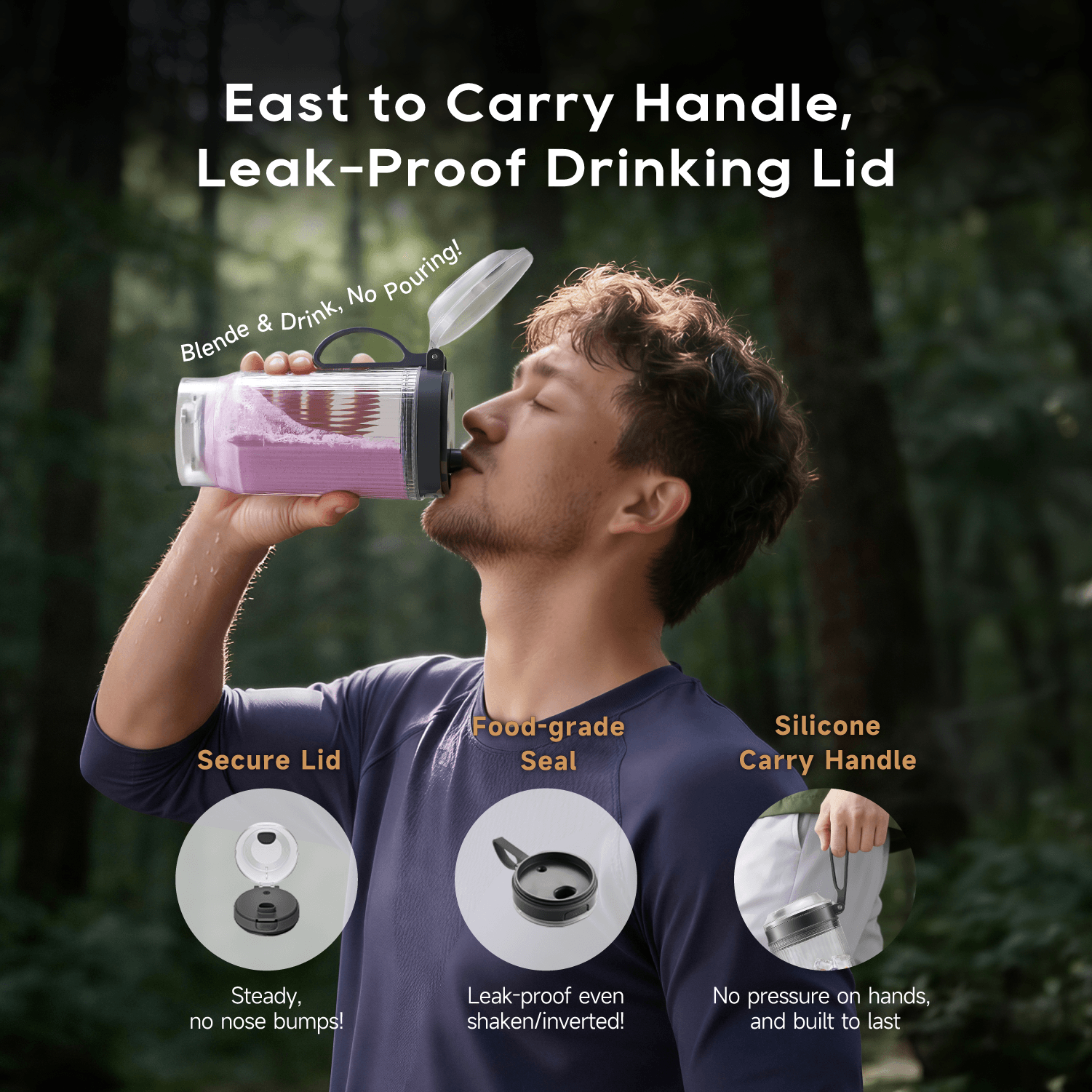 Portable blender with leak-proof drinking lid and silicone carry handle, dark gray.