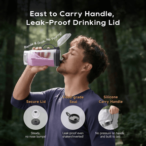 Portable blender with leak-proof drinking lid and silicone carry handle, dark gray.