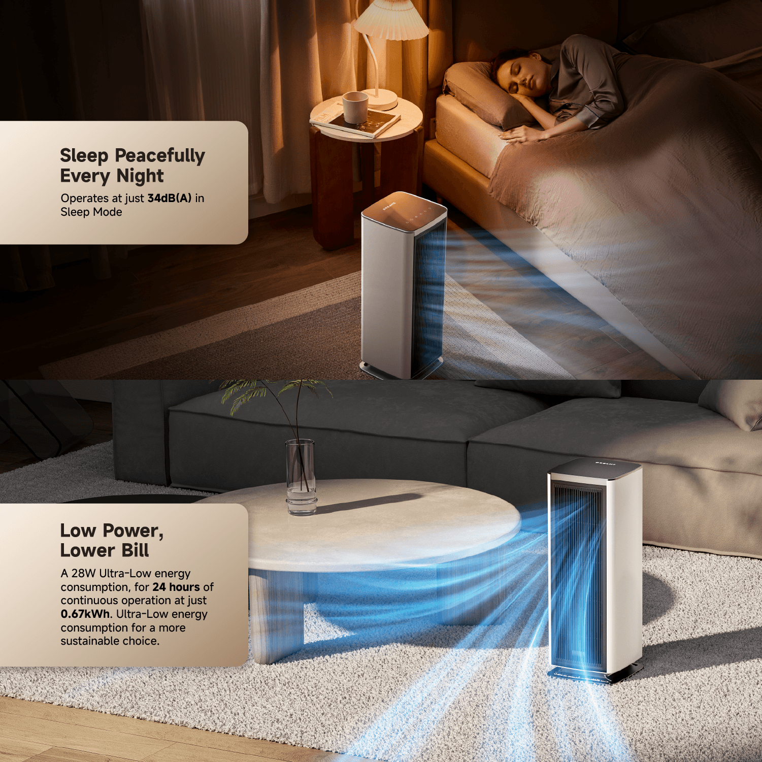 White tower air purifier fan on bedroom floor with blue airflow light