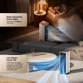 White tower air purifier fan on bedroom floor with blue airflow light