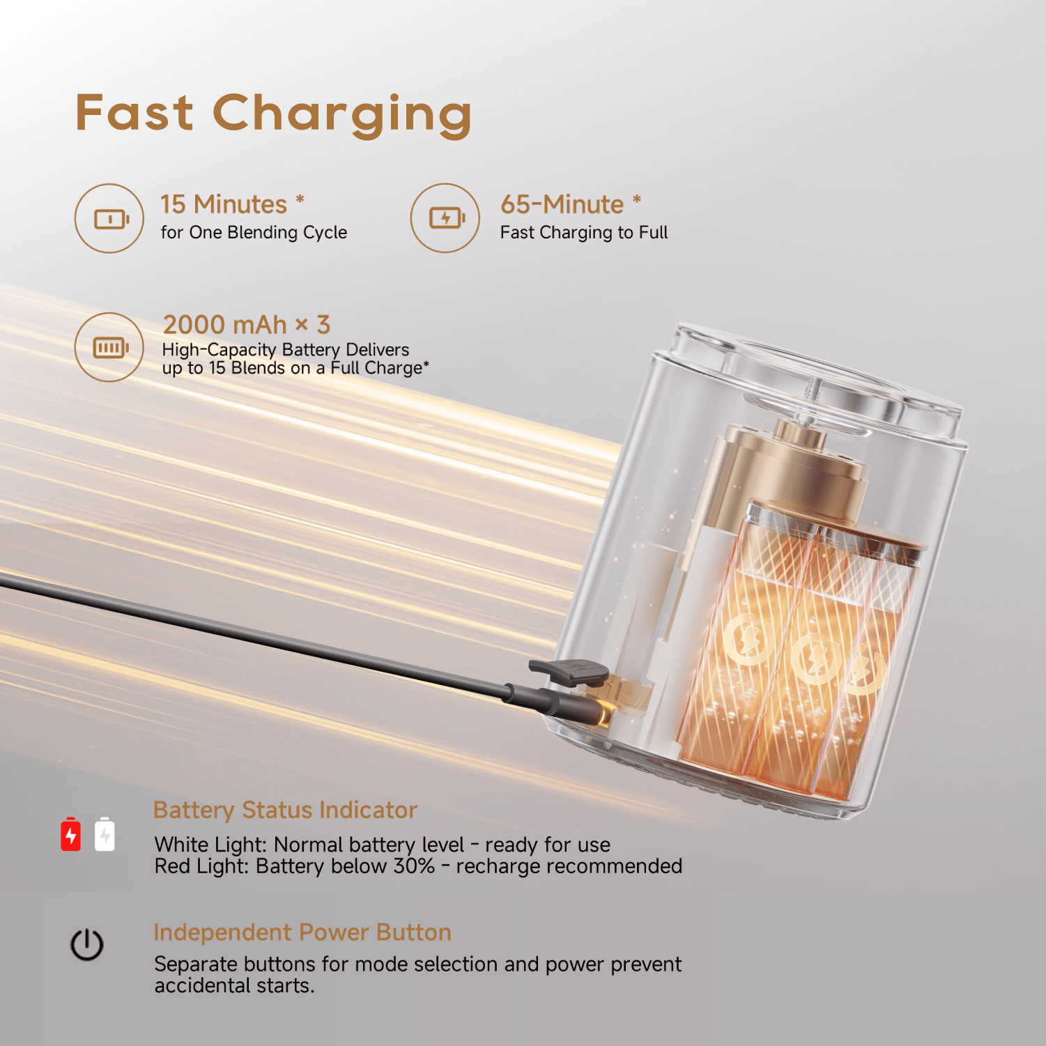 Portable blender base with charging indicator and clear blending cup, compact design.