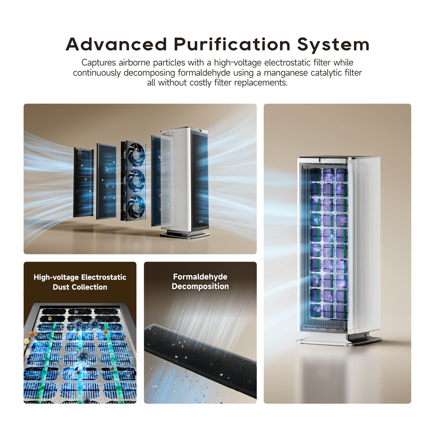 White tower air purifier fan with glowing blue filter columns