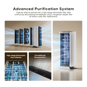White tower air purifier fan with glowing blue filter columns