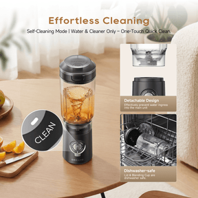 Portable blender with removable blending cup for quick cleaning, dark base and clear jar.