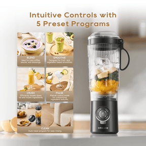 Portable blender with control dial and clear cup, showing preset program icons.