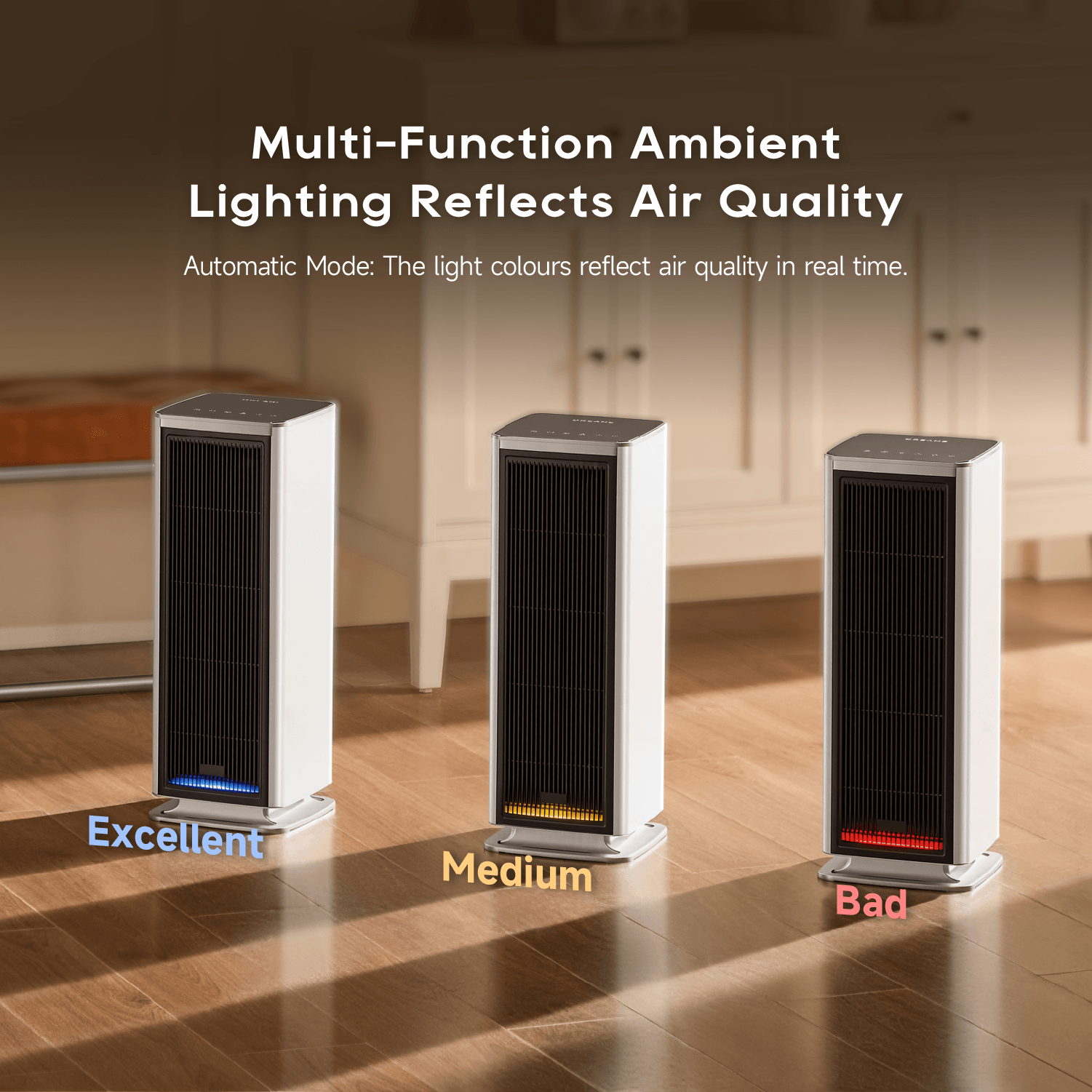 White tower air purifier fan with ambient light indicating air quality