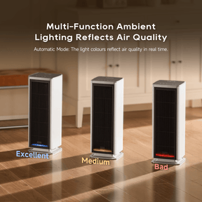 White tower air purifier fan with ambient light indicating air quality