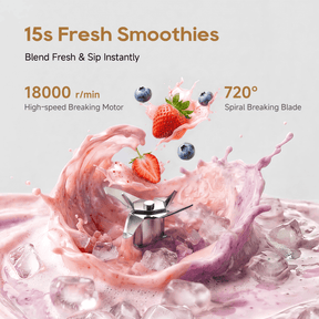 Portable blender with high-speed blade inside clear cup, blending fruit smoothie.