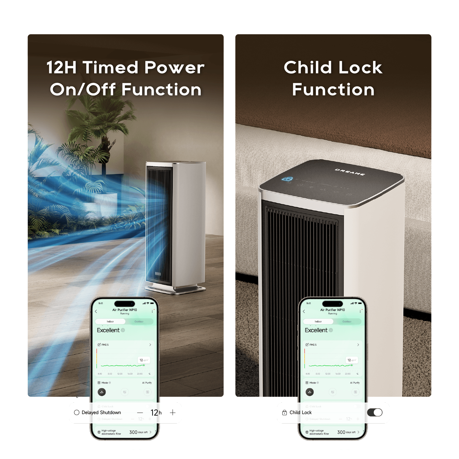 White tower air purifier fan with front grille and app control on phone