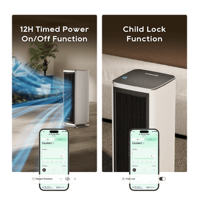 White tower air purifier fan with front grille and app control on phone