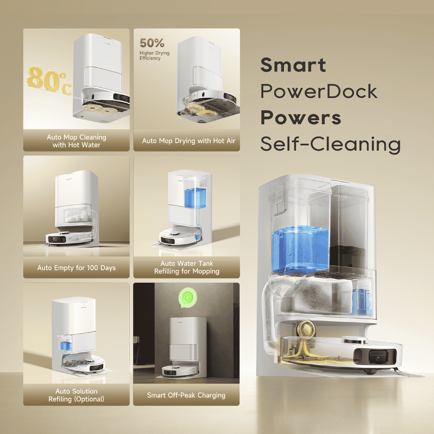 Robot vacuum and mop self-cleaning dock with blue water tank and cleaning module