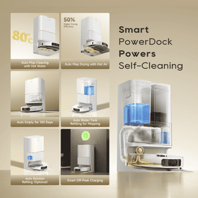 Robot vacuum and mop self-cleaning dock with blue water tank and cleaning module