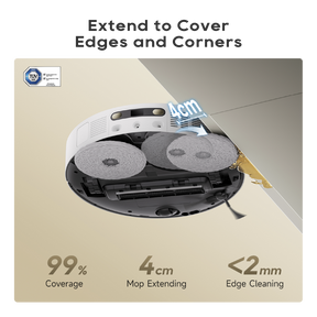 Robot vacuum and mop with two gray mop pads reaching into room corners