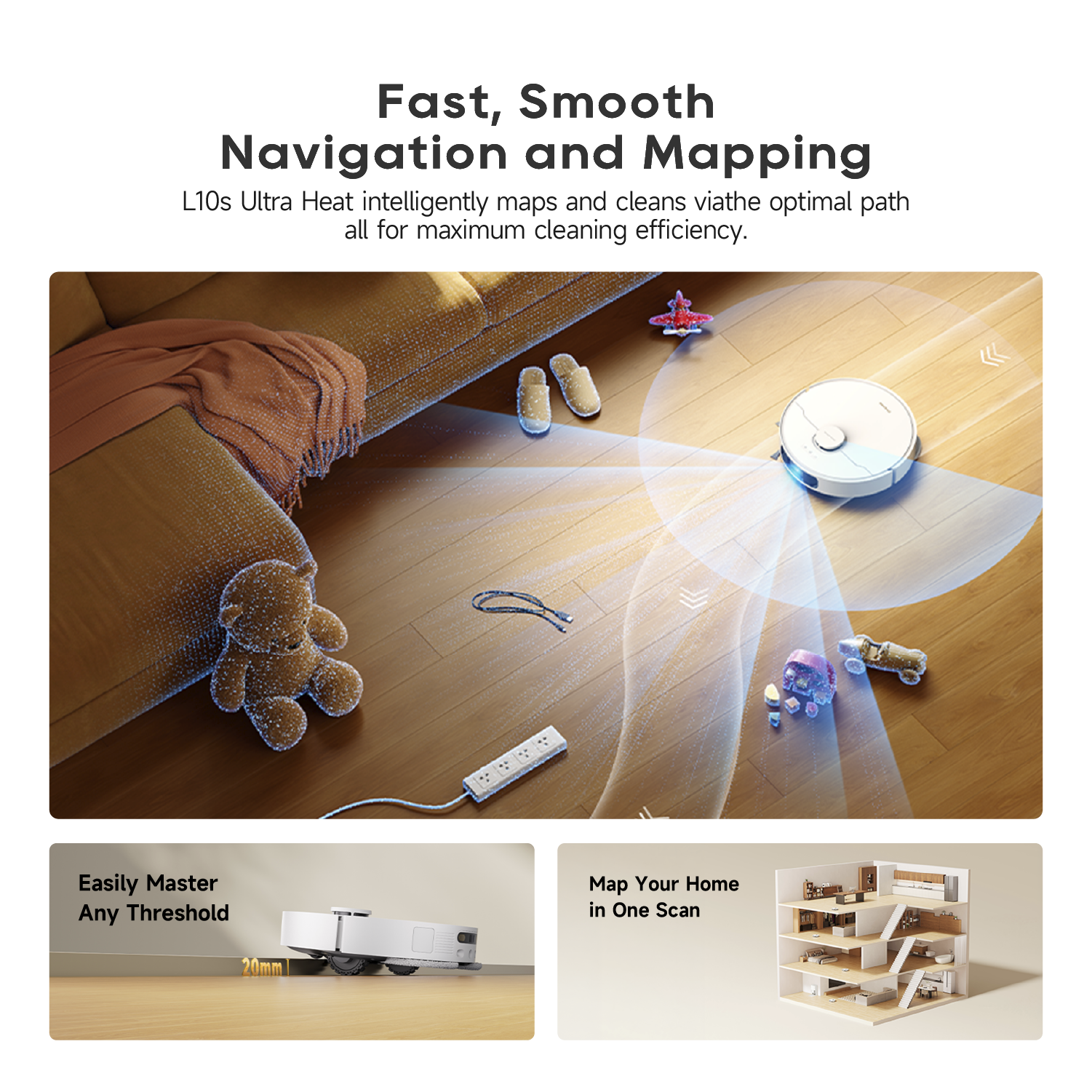 Robot vacuum and mop navigating on hardwood floors near a sofa and accessories