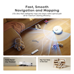 Robot vacuum and mop navigating on hardwood floors near a sofa and accessories