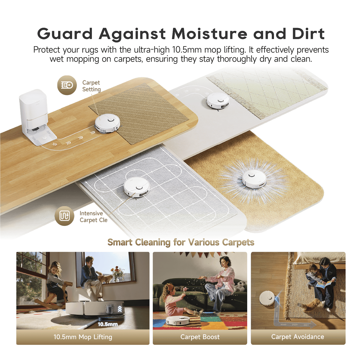 Robot vacuum and mop cleaning across multiple rugs with mop lifting heads