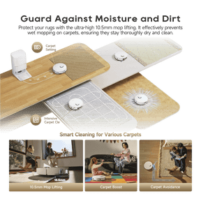 Robot vacuum and mop cleaning across multiple rugs with mop lifting heads