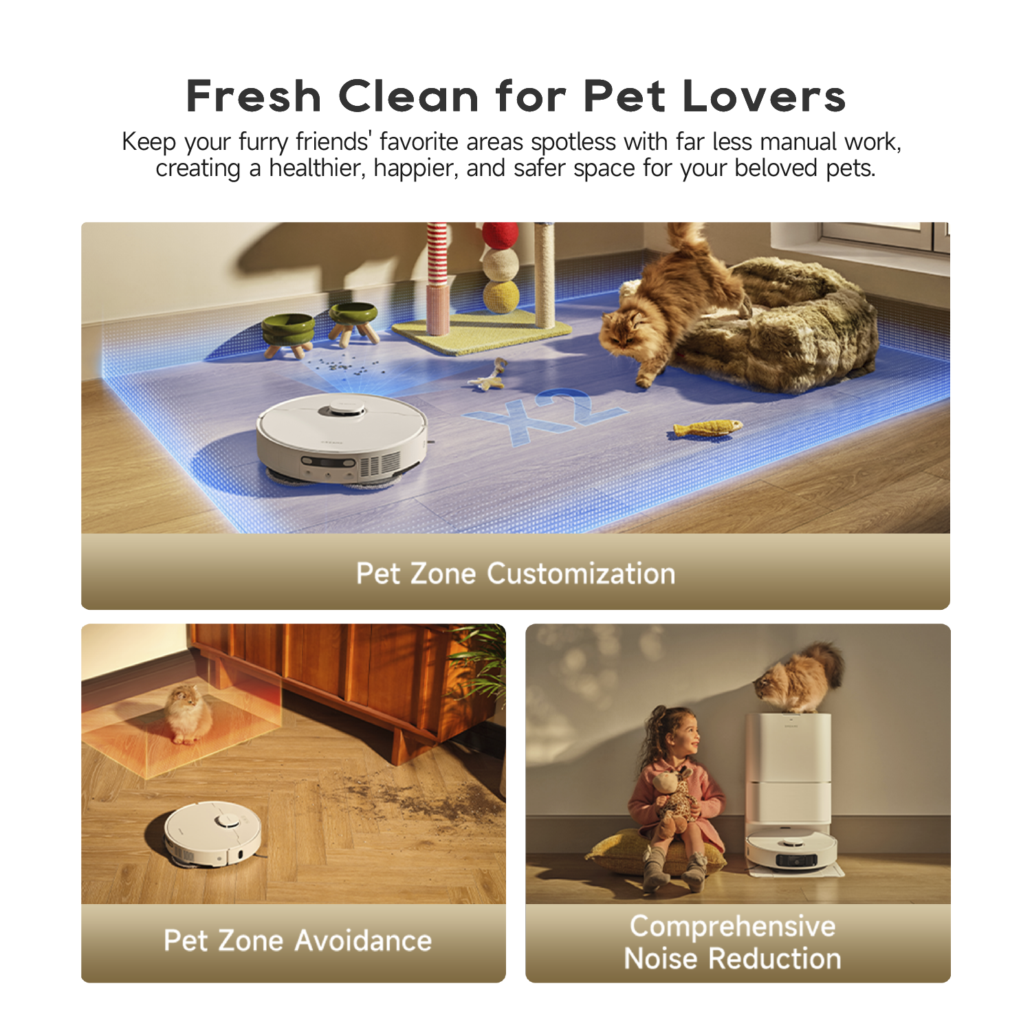 Robot vacuum and mop on pet zone rugs with automated cleaning features