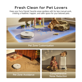 Robot vacuum and mop on pet zone rugs with automated cleaning features
