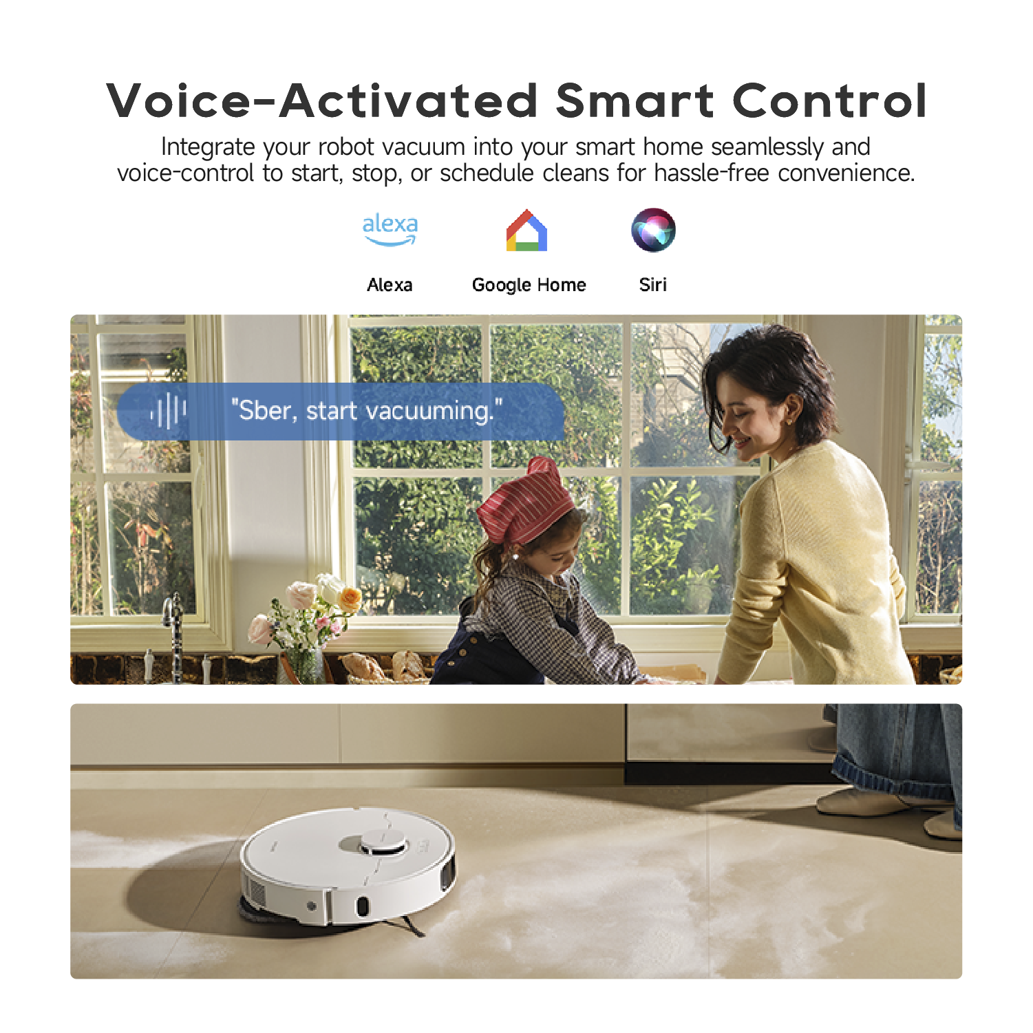 Robot vacuum and mop performing smart control while a person walks nearby indoors