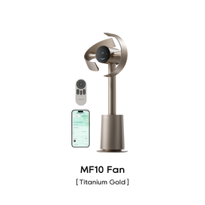 Blade-less standing fan in titanium gold with remote and phone app screen