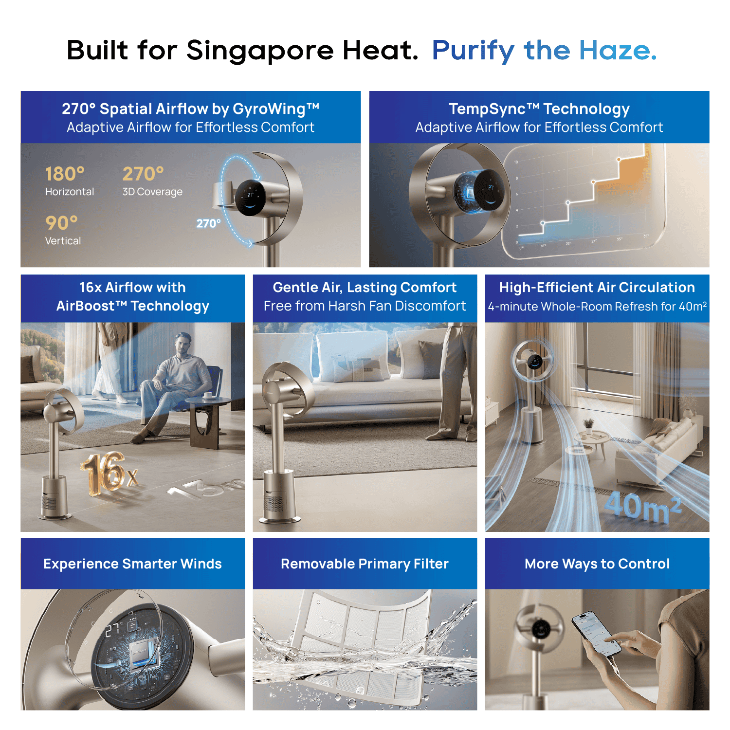 Bladeless fan with airflow coverage diagram and comfort airflow illustration