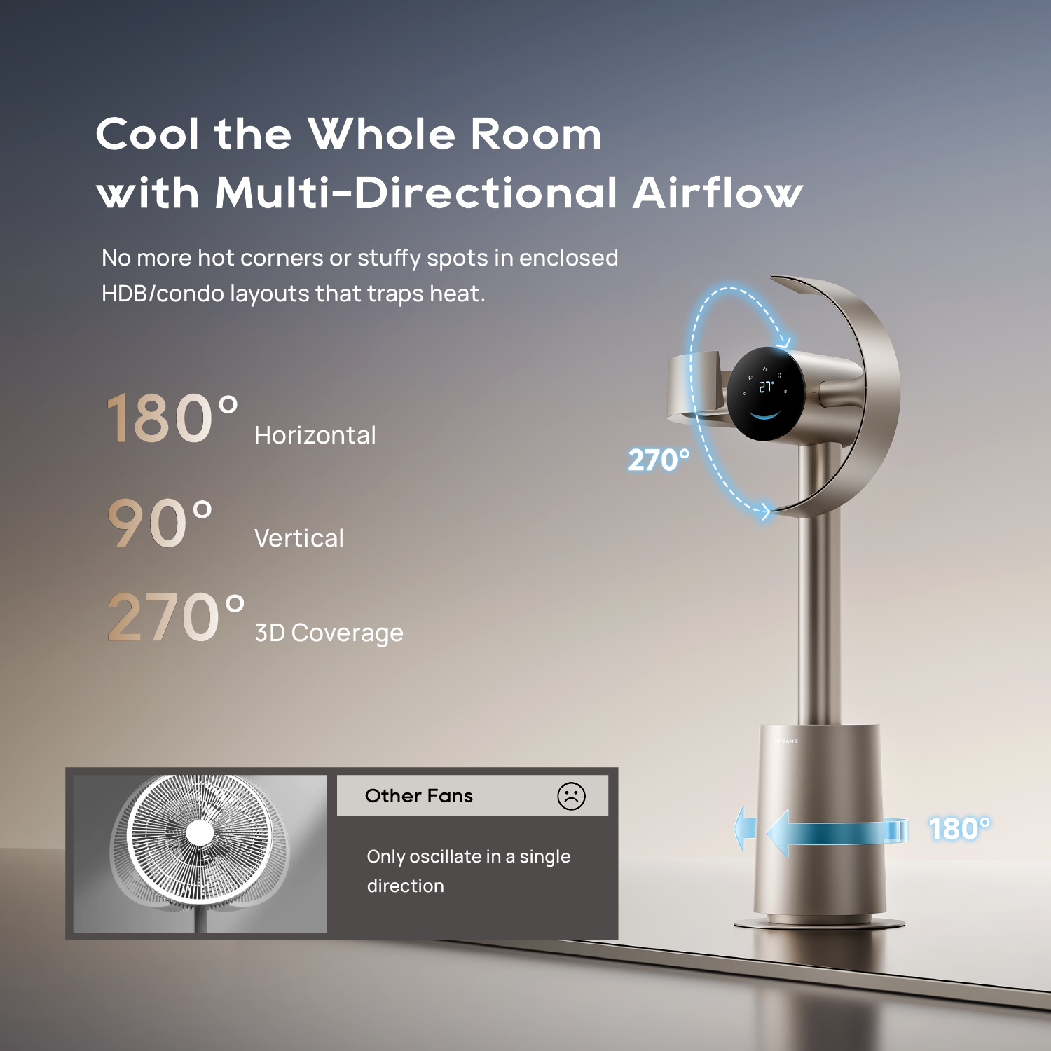 Bladeless fan with multi-directional airflow, 180° horizontal and 90° vertical