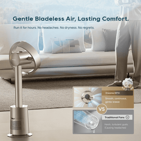 Titanium Gold bladeless fan blowing gentle airflow toward a seating area
