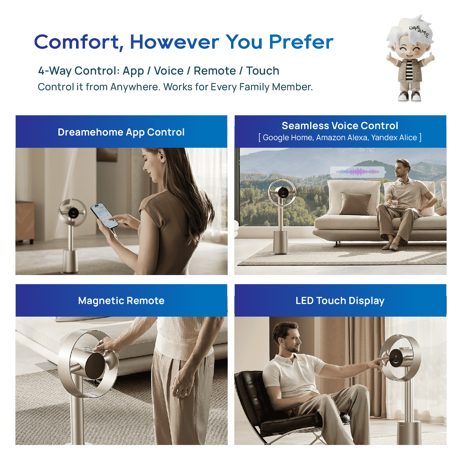 Bladeless fan with app, voice, remote, and touch control layout