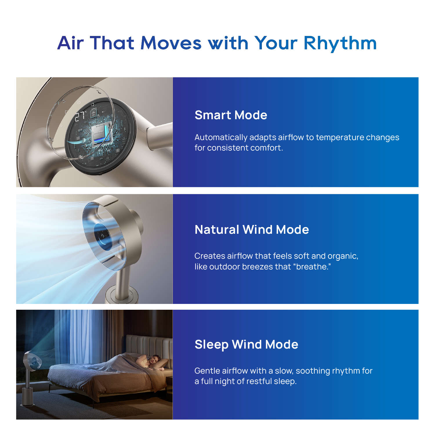 Bladeless fan mode cards: Smart Mode, Natural Wind Mode, Sleep Wind Mode