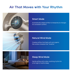 Bladeless fan mode cards: Smart Mode, Natural Wind Mode, Sleep Wind Mode