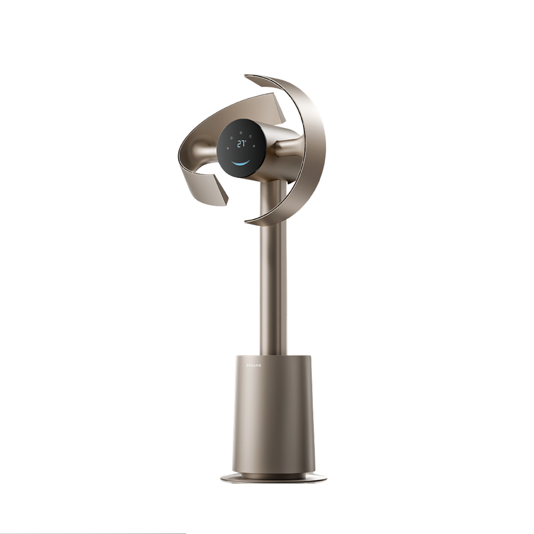 Bladeless standing fan with circular air outlet and touch display, metallic bronze finish