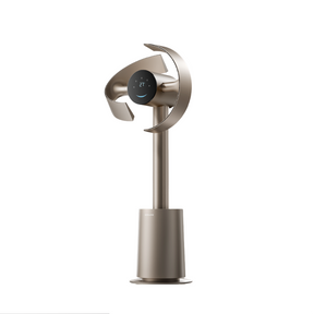 Bladeless standing fan with circular air outlet and touch display, metallic bronze finish