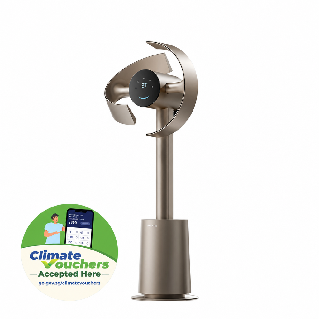 Bladeless tower fan with circular ring and dark control panel on stainless base