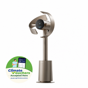 Bladeless tower fan with circular ring and dark control panel on stainless base