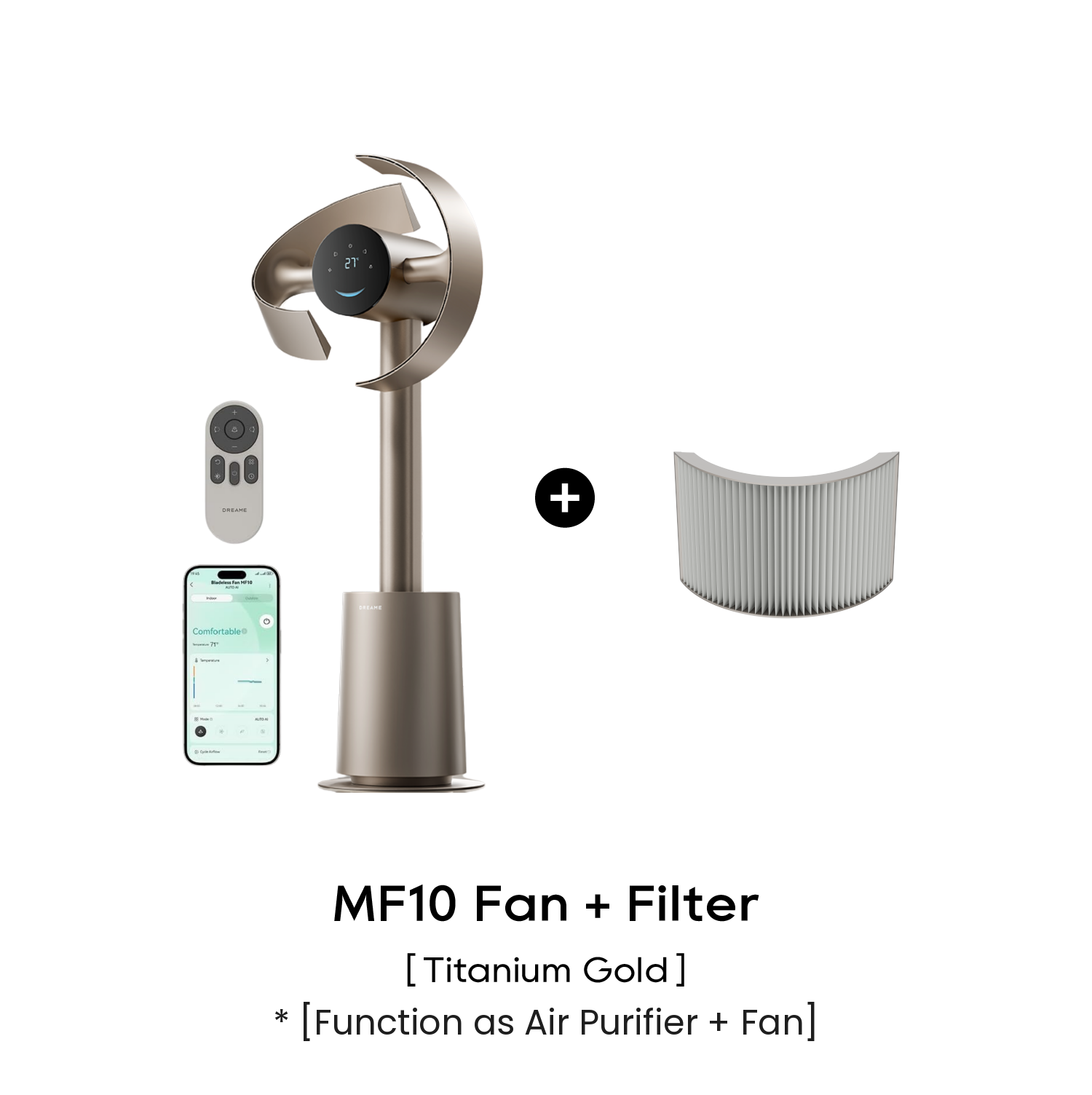 Blade-less standing fan in titanium gold with remote, phone app, and replacement filter